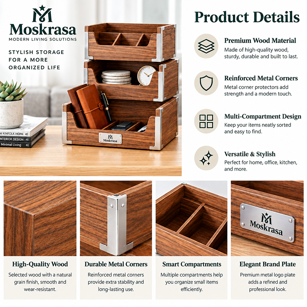 Moskrasa Modular Walnut Desktop Organizer – Stackable Solid Wood Storage Caddy with Stainless Steel Hardware