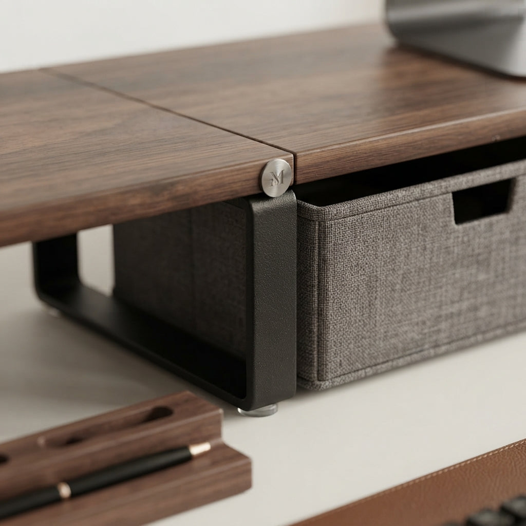Moskrasa Modern Executive Desk Shelf Riser – Walnut Wood & Metal Computer Stand with Modular Storage Drawers for Home & Office
