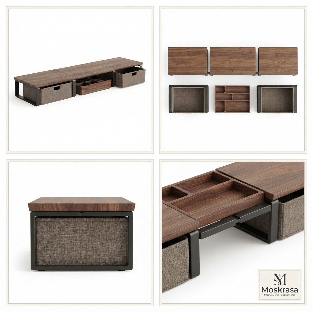 Moskrasa Modern Executive Desk Shelf Riser – Walnut Wood & Metal Computer Stand with Modular Storage Drawers for Home & Office