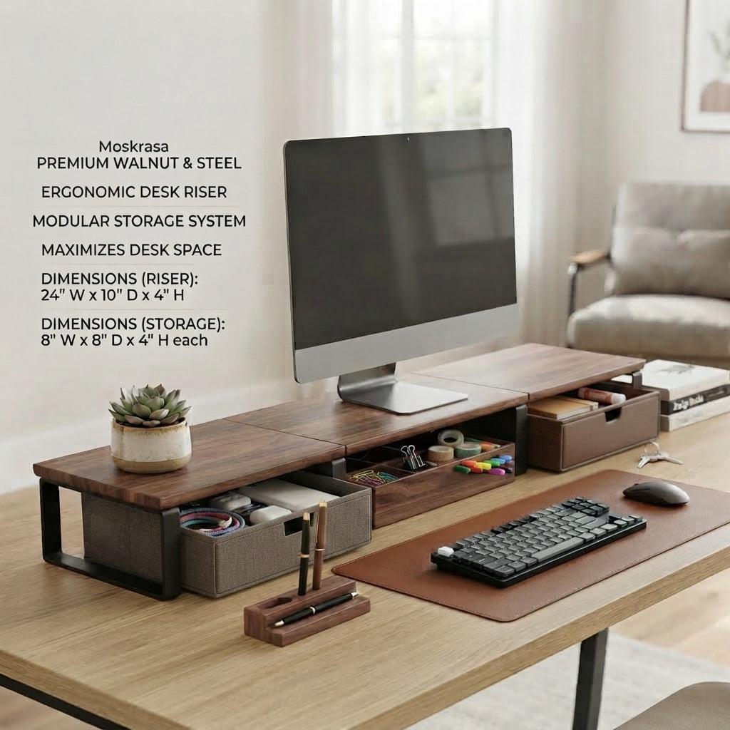 Moskrasa Modern Executive Desk Shelf Riser – Walnut Wood & Metal Computer Stand with Modular Storage Drawers for Home & Office