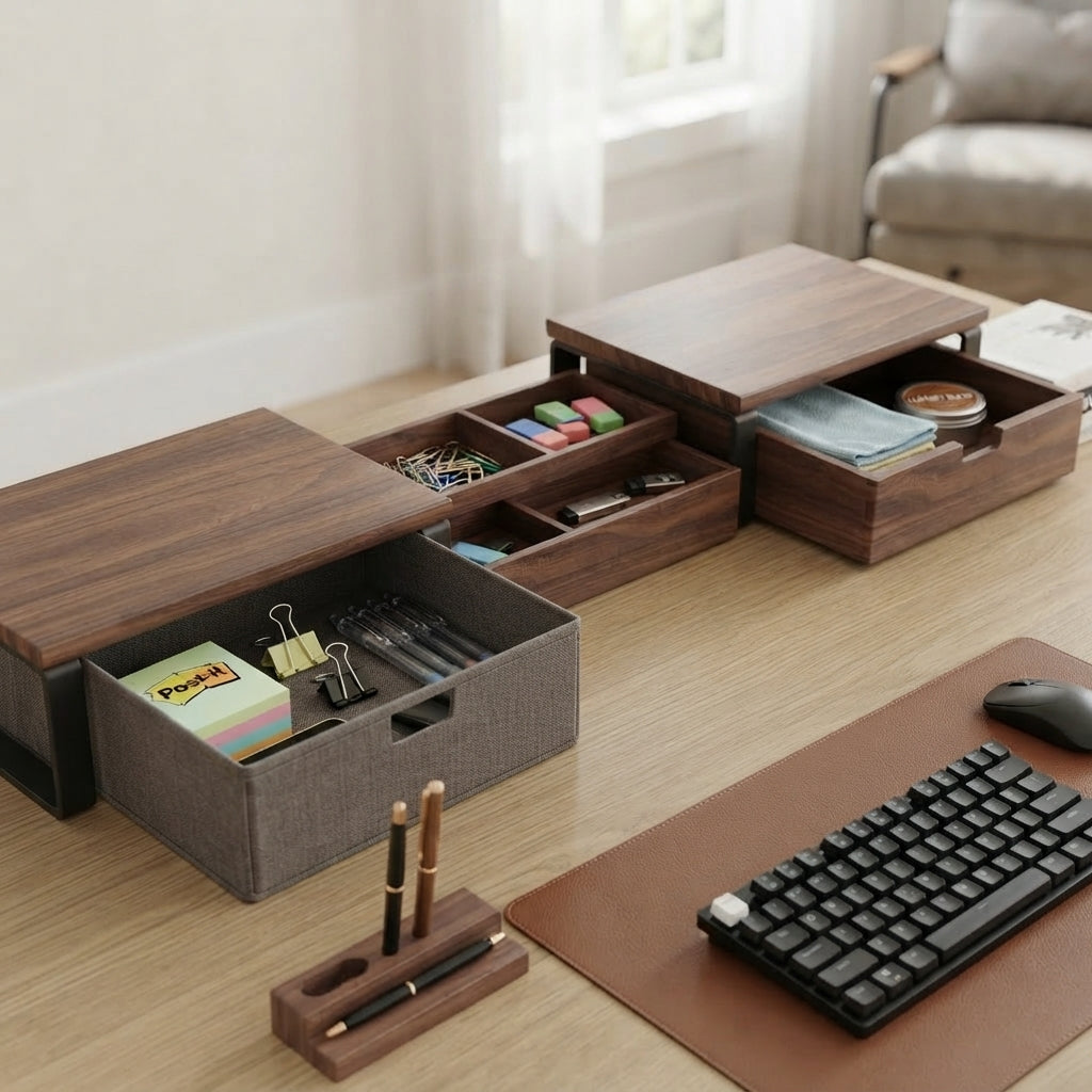 Moskrasa Modern Executive Desk Shelf Riser – Walnut Wood & Metal Computer Stand with Modular Storage Drawers for Home & Office