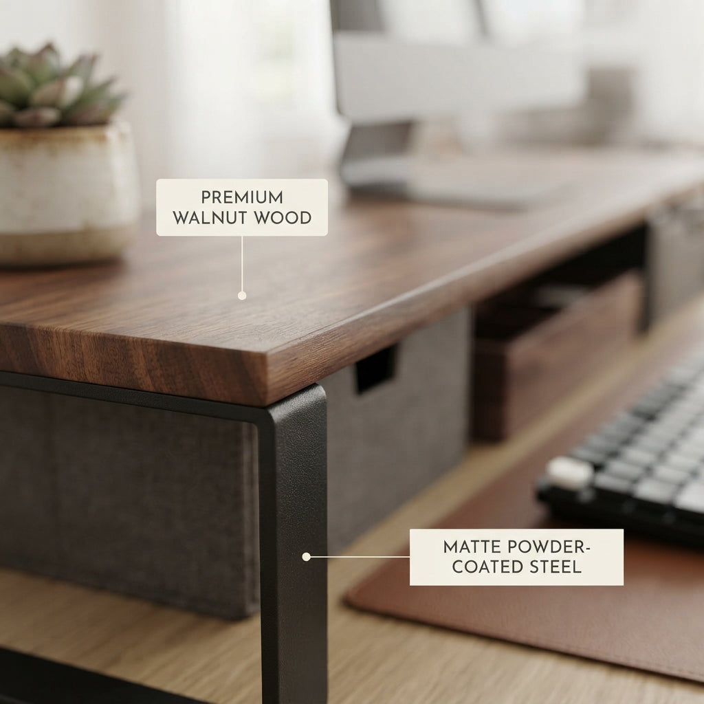 Moskrasa Modern Executive Desk Shelf Riser – Walnut Wood & Metal Computer Stand with Modular Storage Drawers for Home & Office