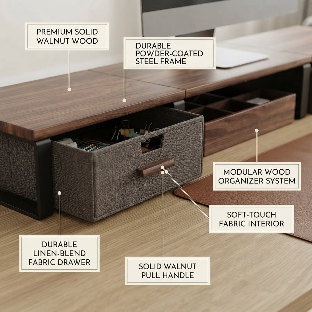 Moskrasa Modern Executive Desk Shelf Riser – Walnut Wood & Metal Computer Stand with Modular Storage Drawers for Home & Office