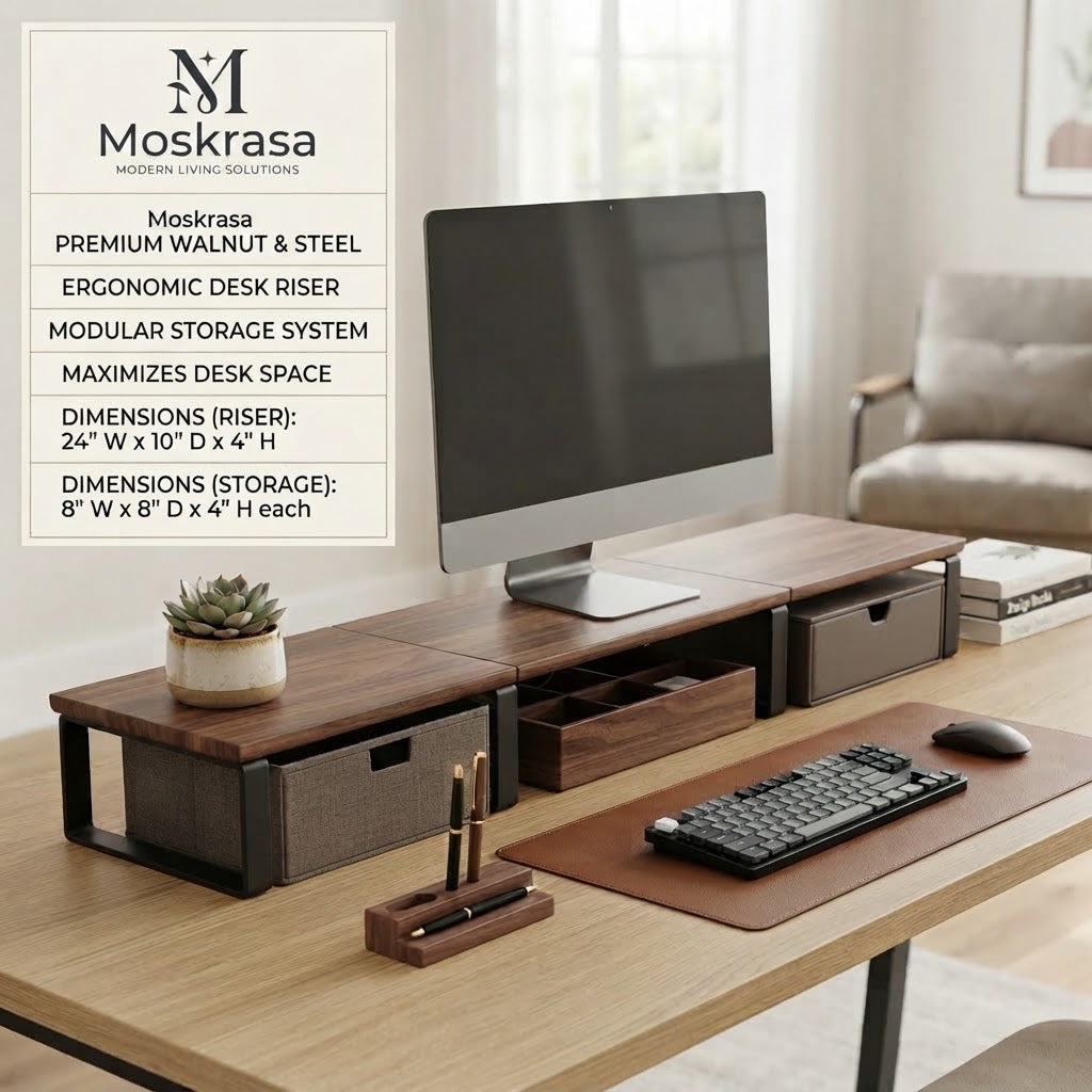 Moskrasa Modern Executive Desk Shelf Riser – Walnut Wood & Metal Computer Stand with Modular Storage Drawers for Home & Office