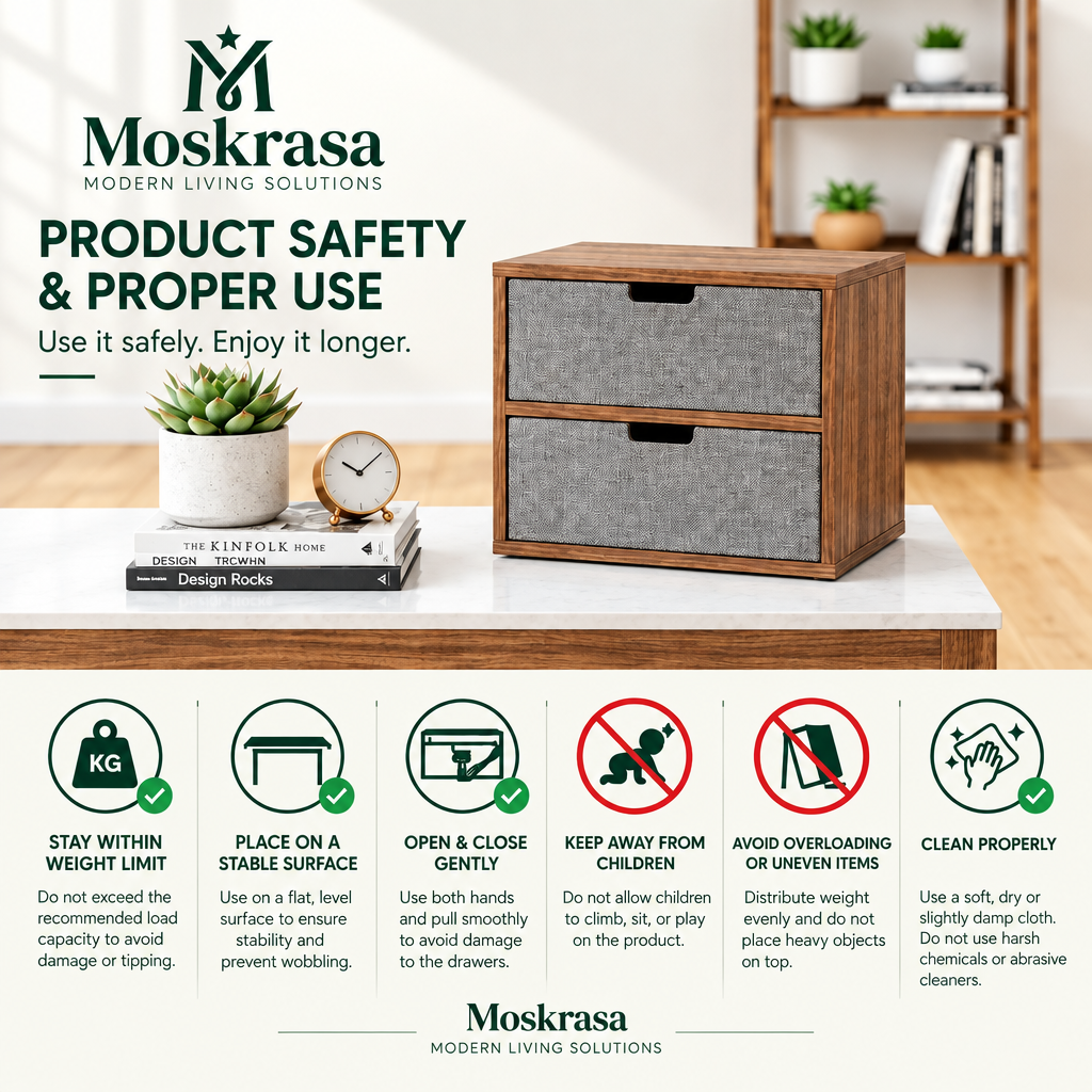 Moskrasa Premium Walnut & Woven Fabric 2-Drawer Desk Organizer | Compact Modern Tabletop Storage