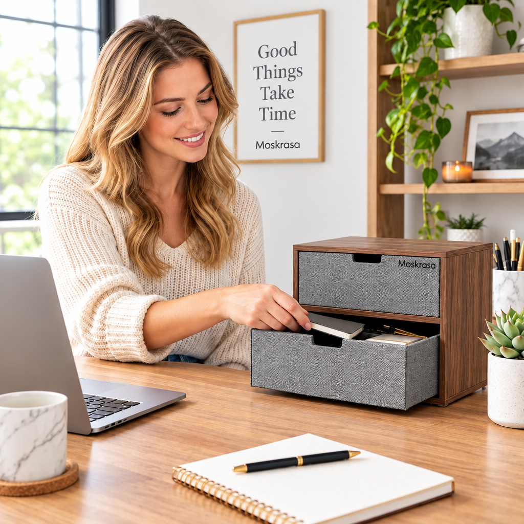 Moskrasa Premium Walnut & Woven Fabric 2-Drawer Desk Organizer | Compact Modern Tabletop Storage