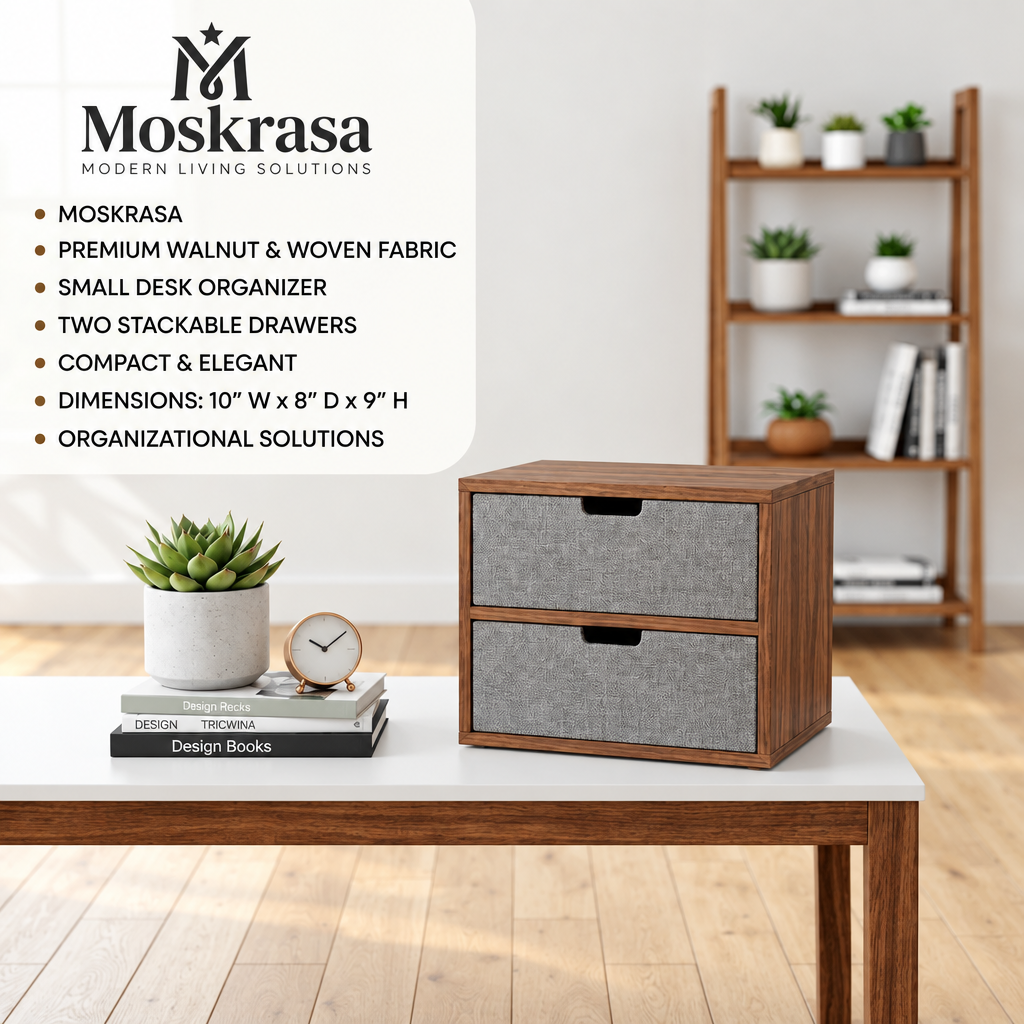 Moskrasa Premium Walnut & Woven Fabric 2-Drawer Desk Organizer | Compact Modern Tabletop Storage