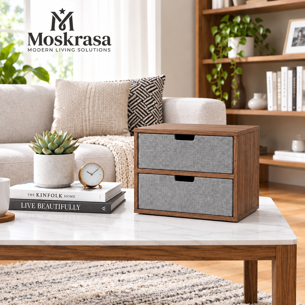 Moskrasa Premium Walnut & Woven Fabric 2-Drawer Desk Organizer | Compact Modern Tabletop Storage