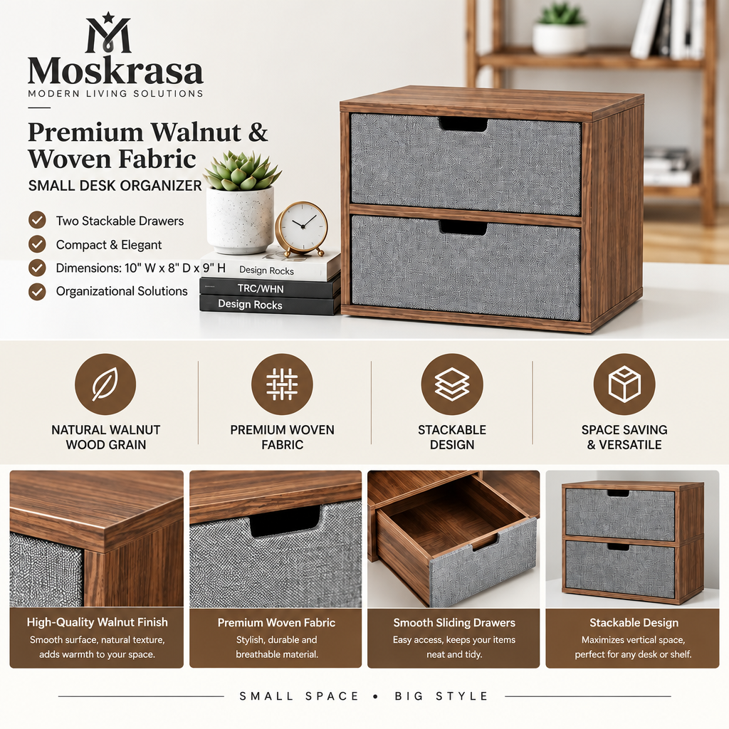 Moskrasa Premium Walnut & Woven Fabric 2-Drawer Desk Organizer | Compact Modern Tabletop Storage