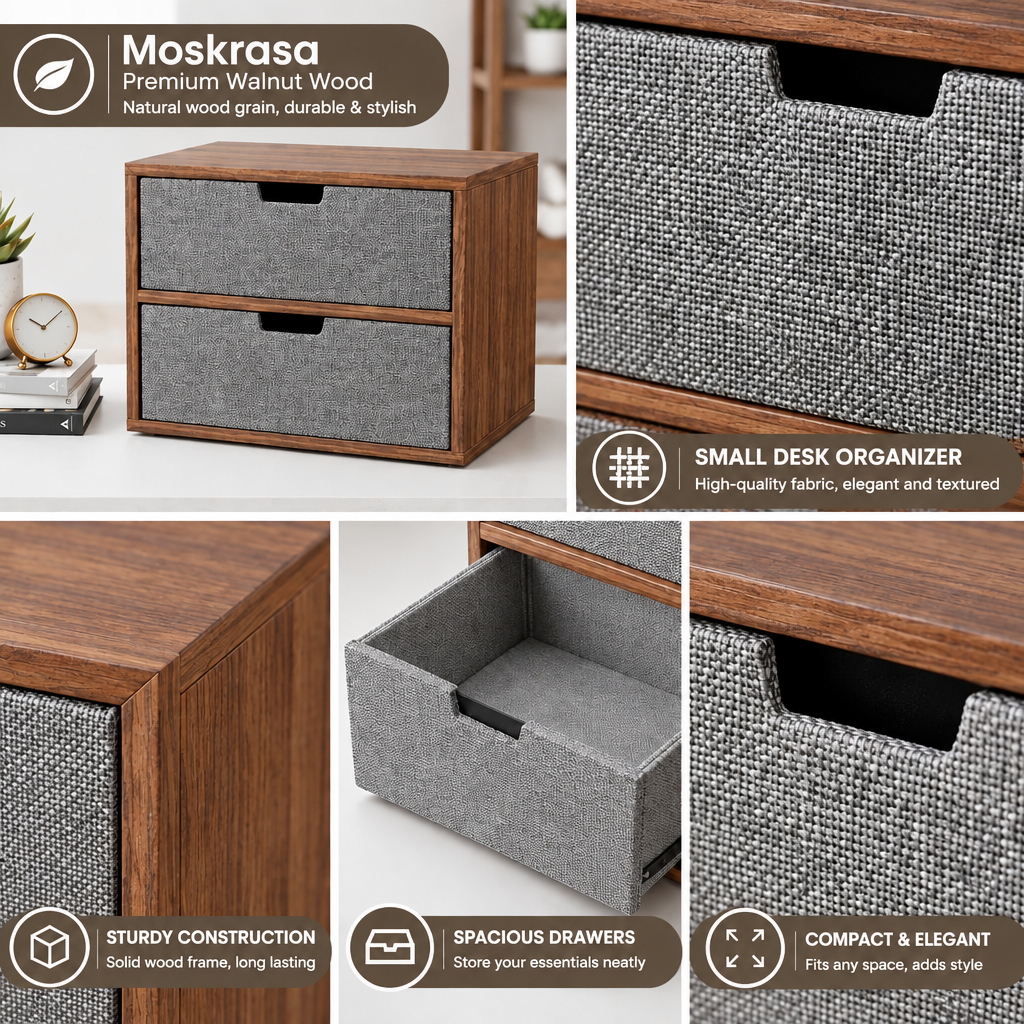 Moskrasa Premium Walnut & Woven Fabric 2-Drawer Desk Organizer | Compact Modern Tabletop Storage