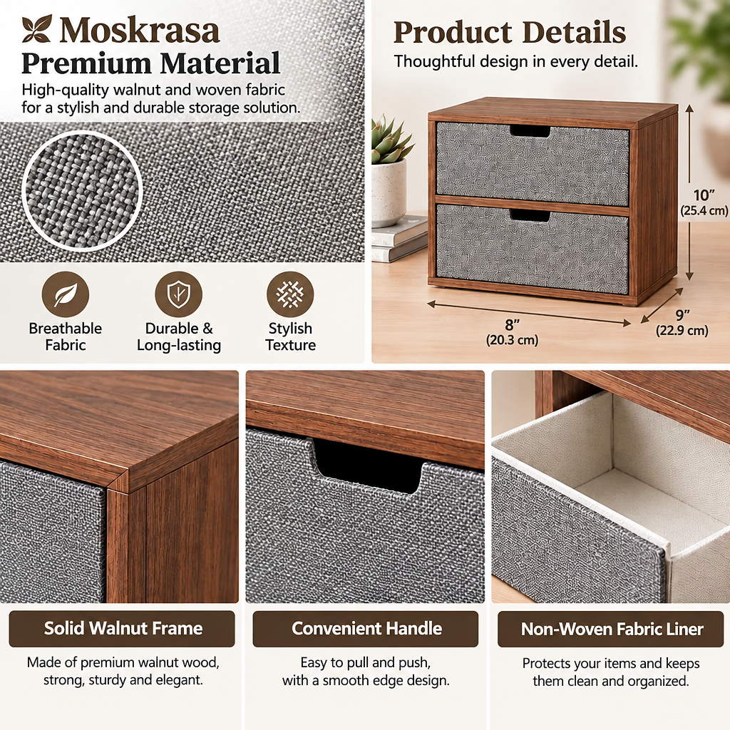 Moskrasa Premium Walnut & Woven Fabric 2-Drawer Desk Organizer | Compact Modern Tabletop Storage