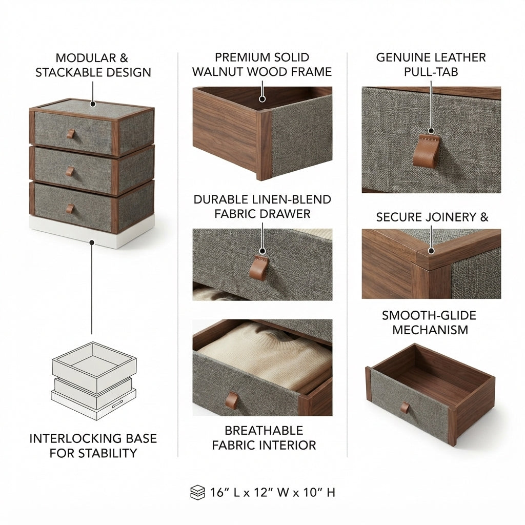 Moskrasa Modern Living Modular Storage Drawers – Solid Walnut & Fabric Clothes Organizer for Closet, Dresser & Wardrobe