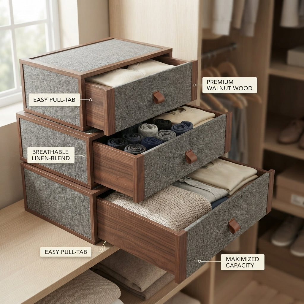 Moskrasa Modern Living Modular Storage Drawers – Solid Walnut & Fabric Clothes Organizer for Closet, Dresser & Wardrobe