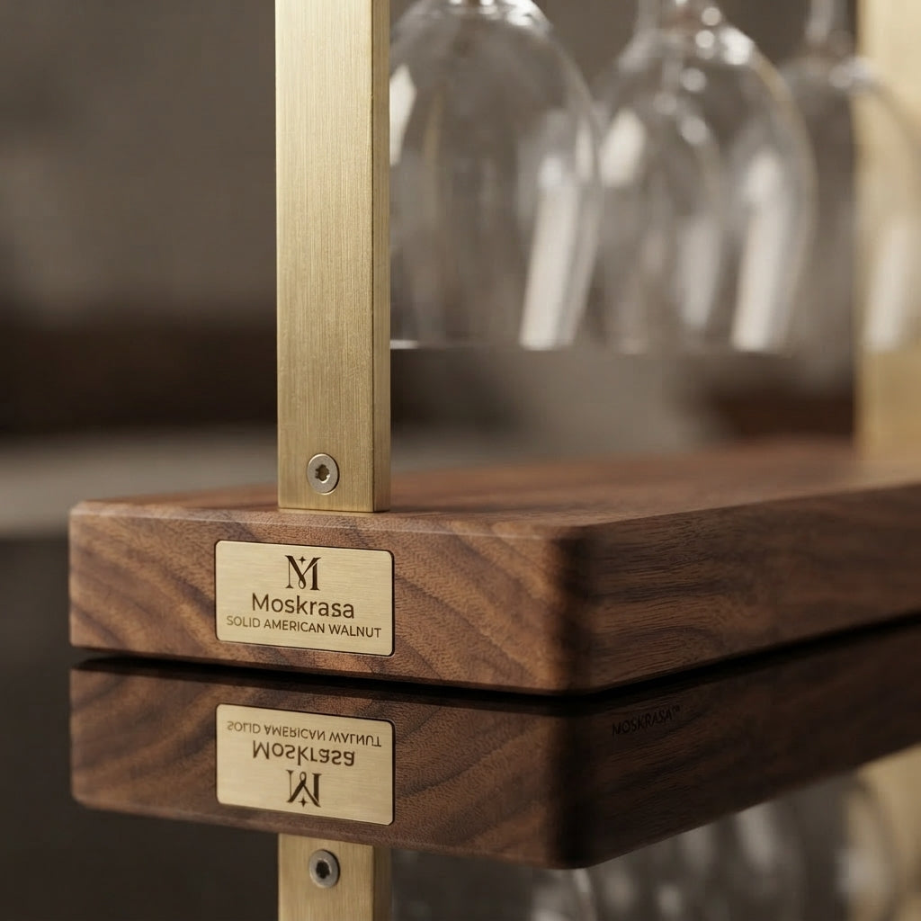 Moskrasa Modern Freestanding Wine Glass Holder – Solid Walnut Wood & Gold Brass Stemware Stand for Bar,