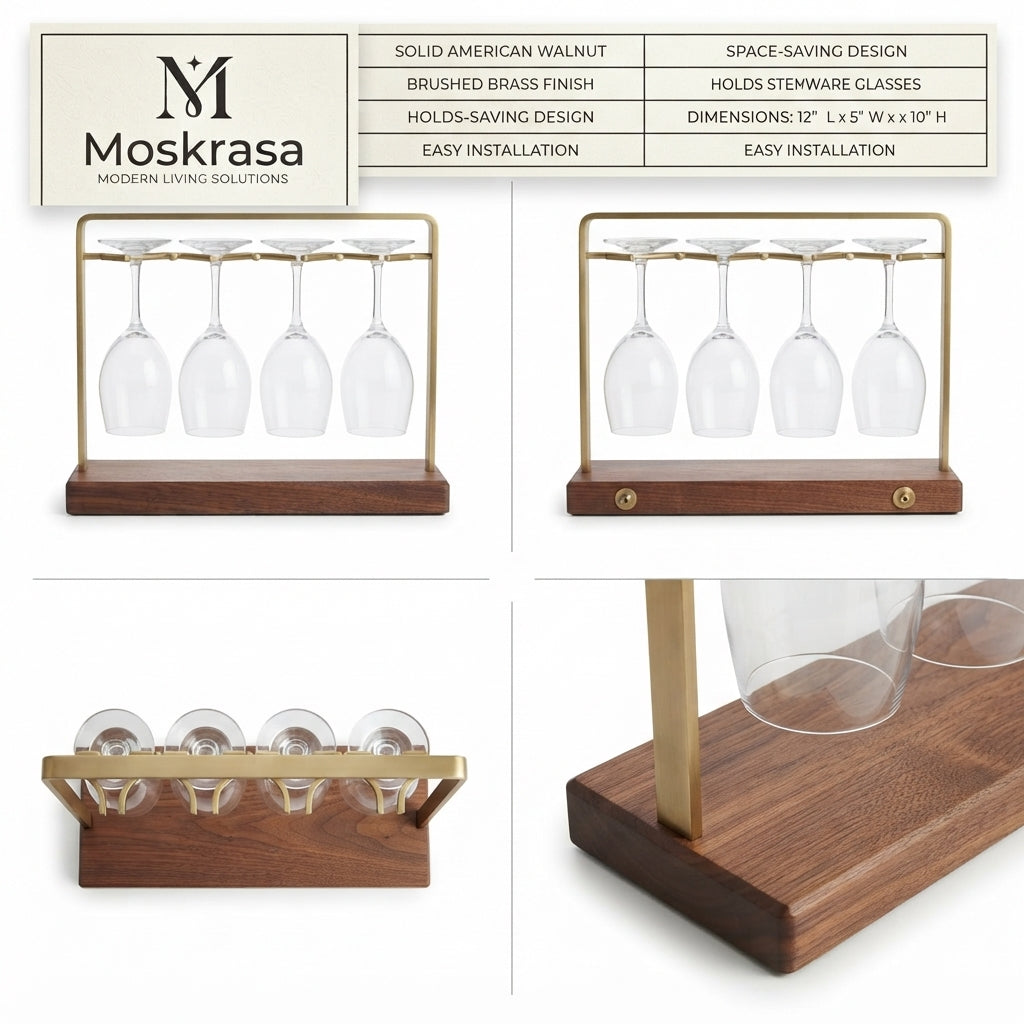 Moskrasa Modern Freestanding Wine Glass Holder – Solid Walnut Wood & Gold Brass Stemware Stand for Bar,