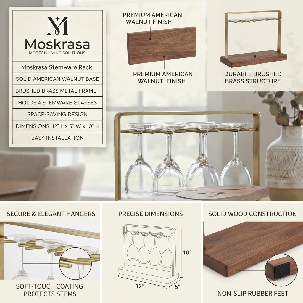 Moskrasa Modern Freestanding Wine Glass Holder – Solid Walnut Wood & Gold Brass Stemware Stand for Bar,