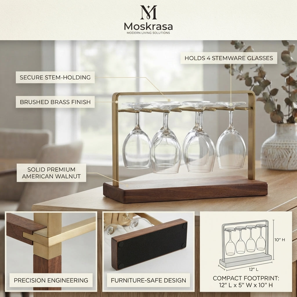 Moskrasa Modern Freestanding Wine Glass Holder – Solid Walnut Wood & Gold Brass Stemware Stand for Bar,