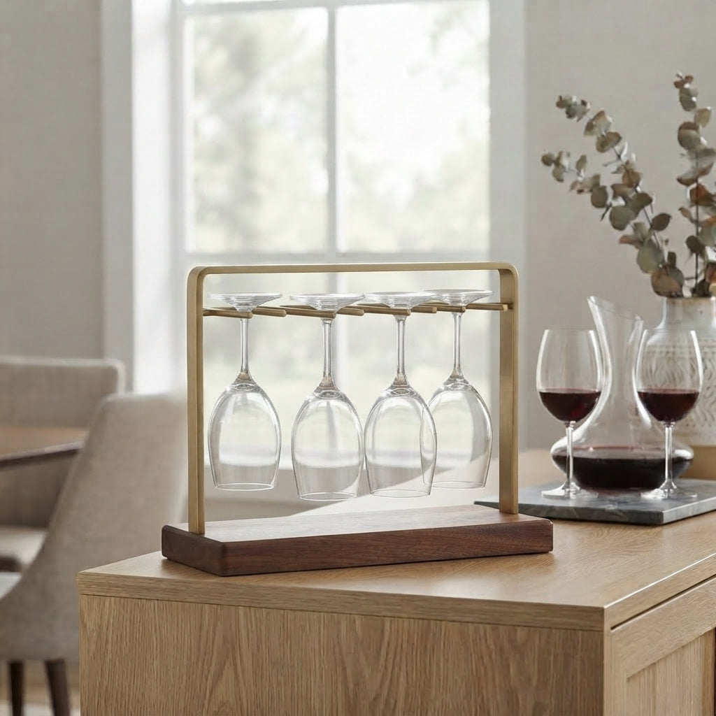 Moskrasa Modern Freestanding Wine Glass Holder – Solid Walnut Wood & Gold Brass Stemware Stand for Bar,