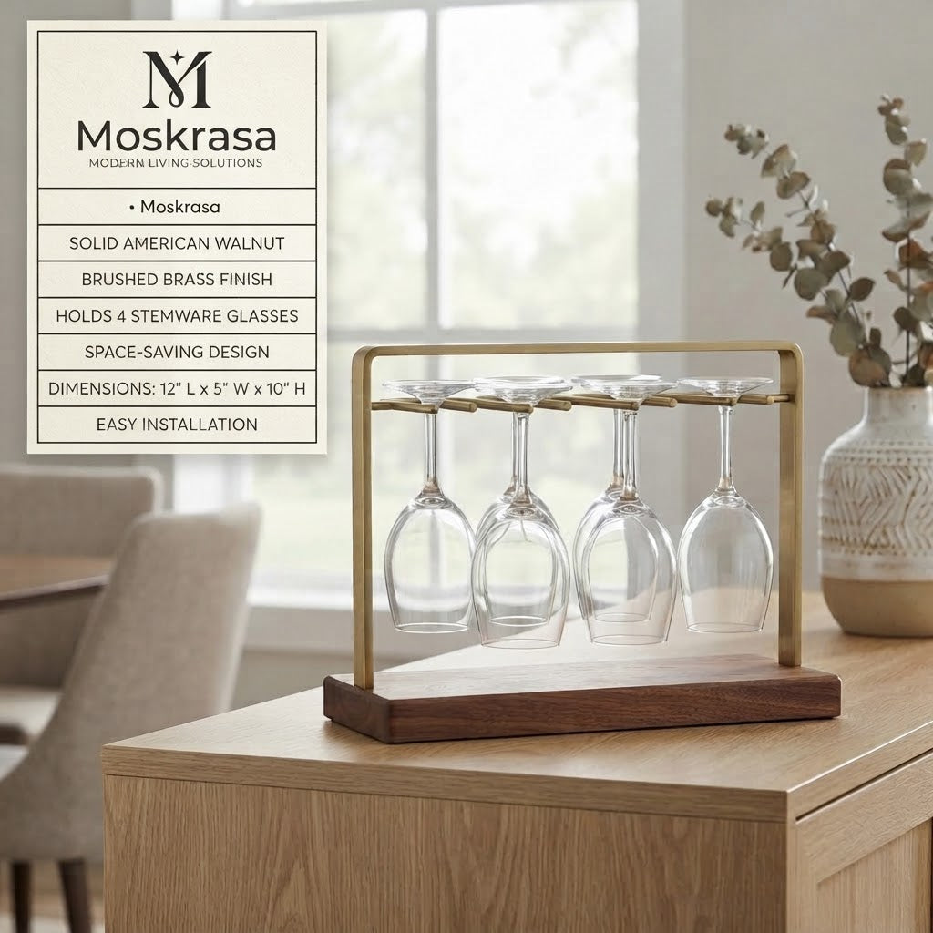Moskrasa Modern Freestanding Wine Glass Holder – Solid Walnut Wood & Gold Brass Stemware Stand for Bar,