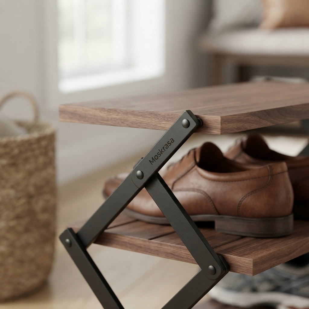 Moskrasa Solid American Walnut Shoe Rack (24" W x 12" D x 18" H) – Portable 3-Tier Foldable Plant Stand & Shoe Storage (Holds 3-6 Pairs)