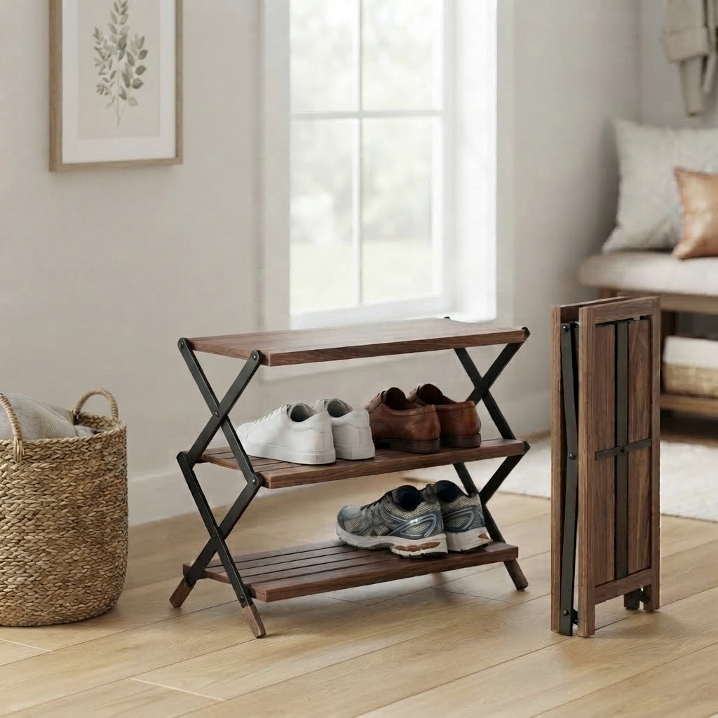 Moskrasa Solid American Walnut Shoe Rack (24" W x 12" D x 18" H) – Portable 3-Tier Foldable Plant Stand & Shoe Storage (Holds 3-6 Pairs)