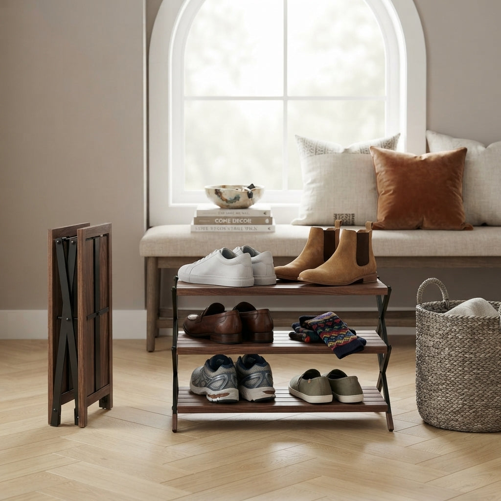 Moskrasa Solid American Walnut Shoe Rack (24" W x 12" D x 18" H) – Portable 3-Tier Foldable Plant Stand & Shoe Storage (Holds 3-6 Pairs)