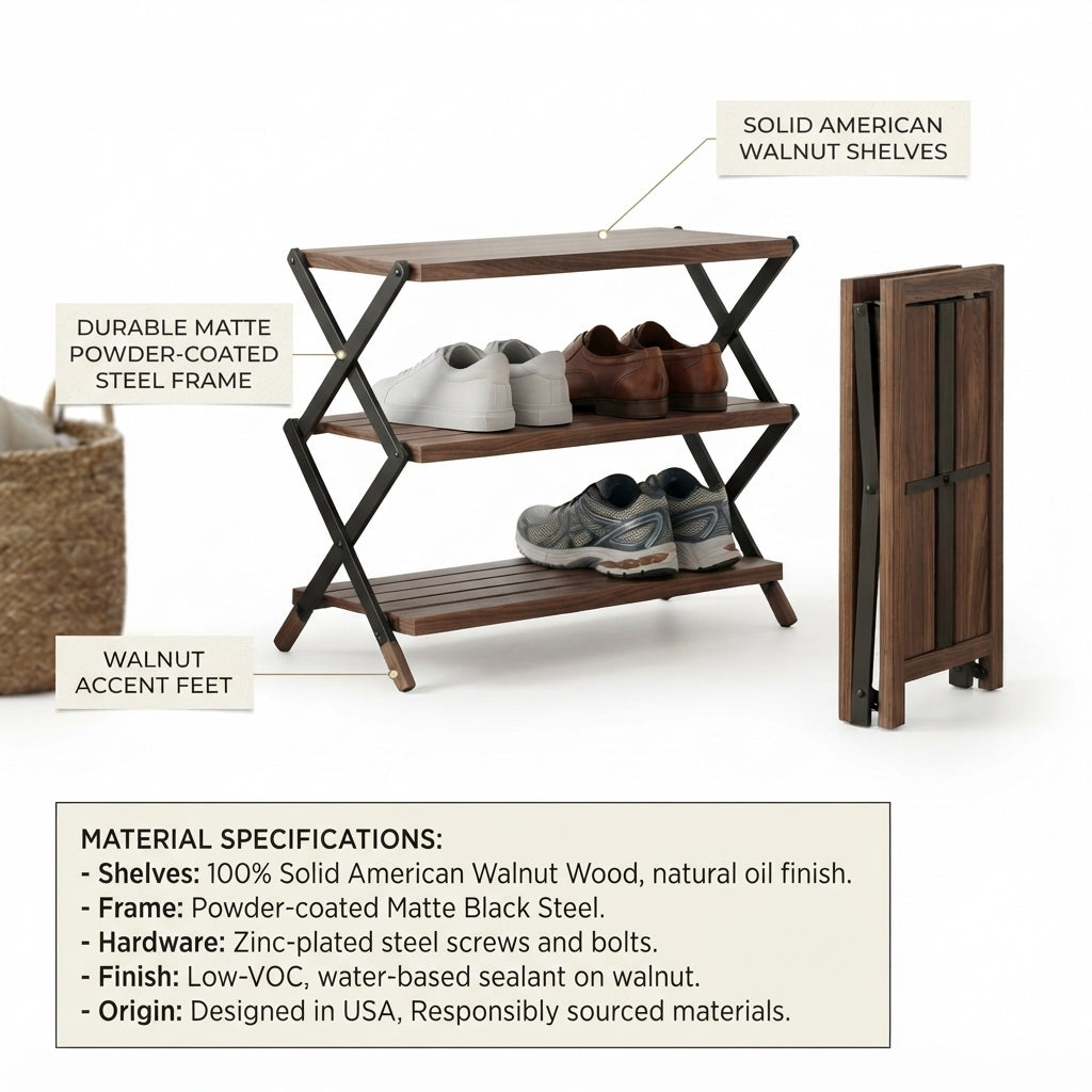 Moskrasa Solid American Walnut Shoe Rack (24" W x 12" D x 18" H) – Portable 3-Tier Foldable Plant Stand & Shoe Storage (Holds 3-6 Pairs)