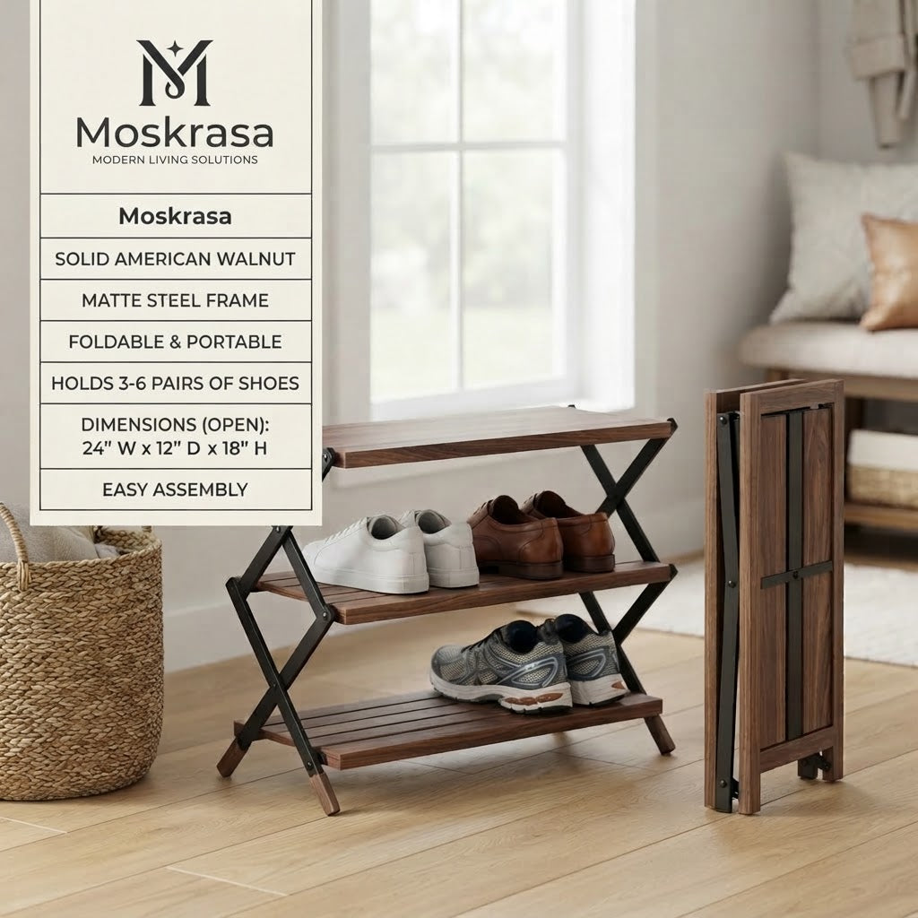 Moskrasa Solid American Walnut Shoe Rack (24" W x 12" D x 18" H) – Portable 3-Tier Foldable Plant Stand & Shoe Storage (Holds 3-6 Pairs)