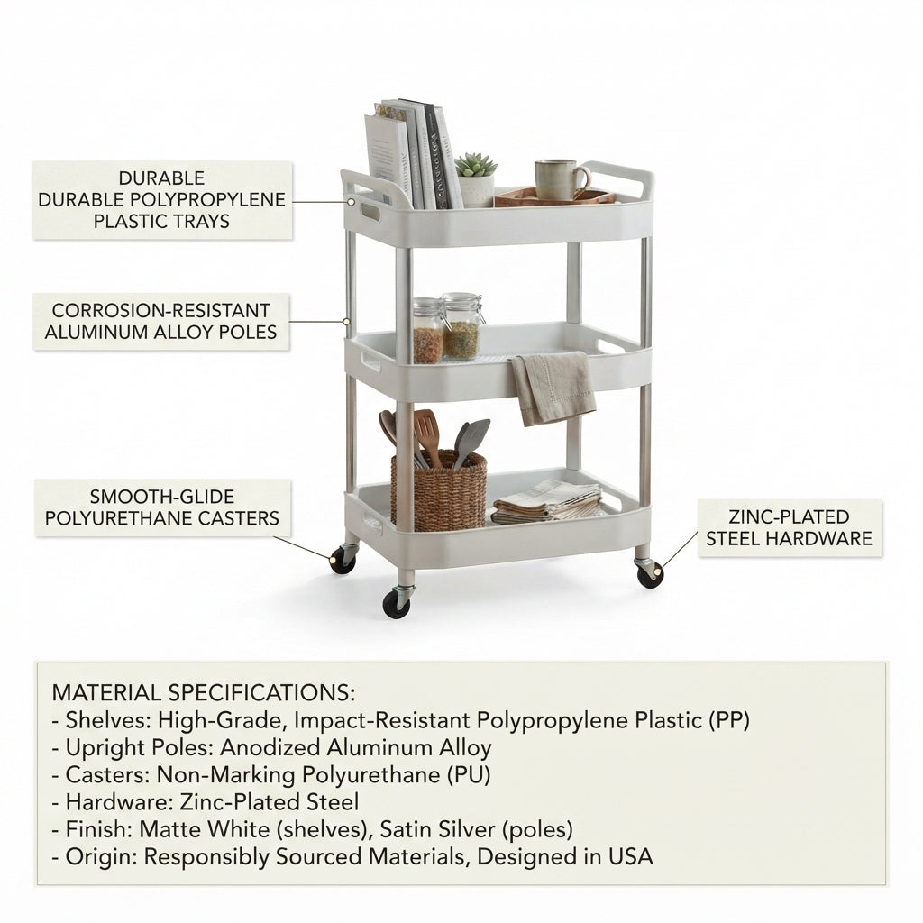 Moskrasa 3-Tier Rolling Storage Cart (17" D x 12" W x 30" H) – Durable Multipurpose Utility Trolley with Lockable Wheels,