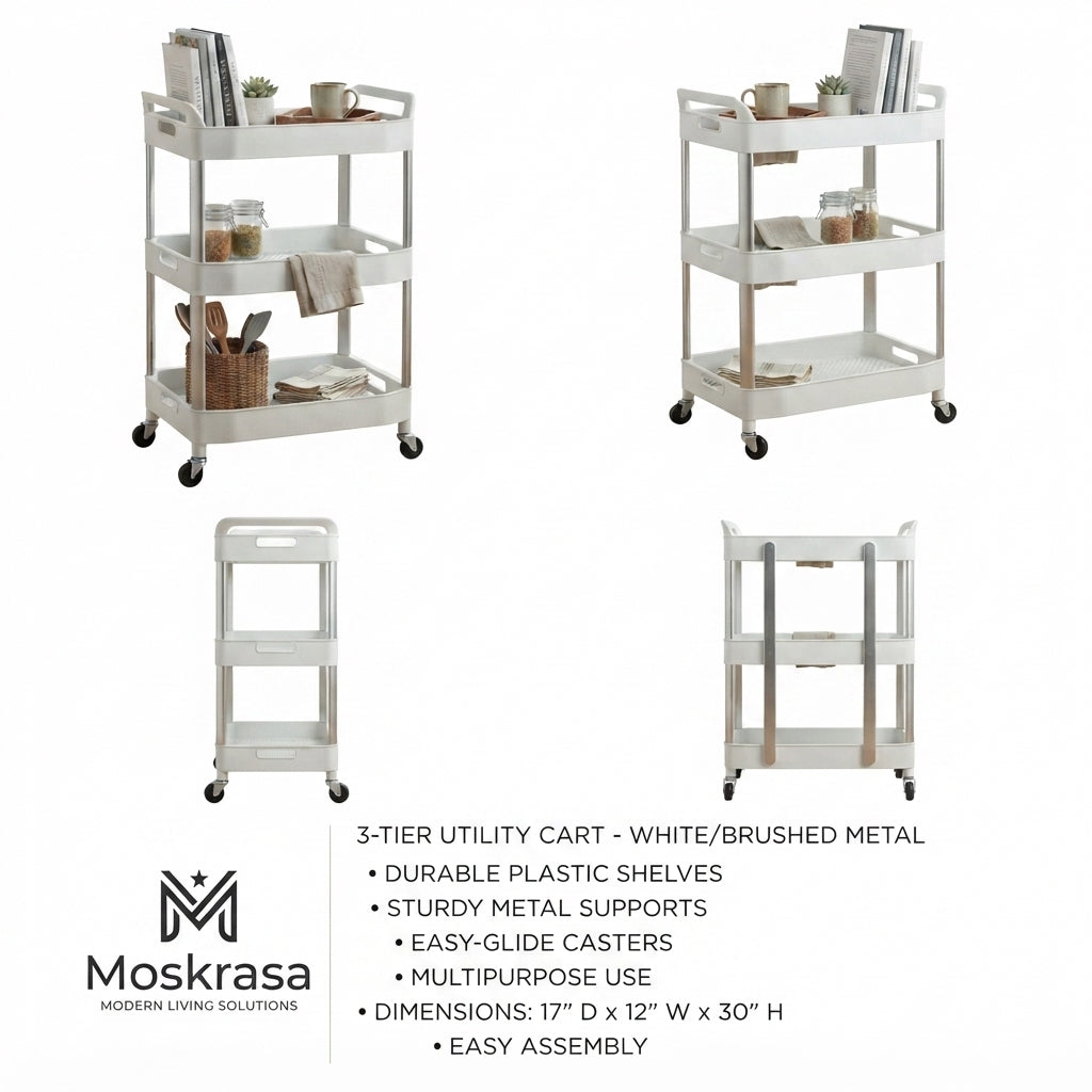 Moskrasa 3-Tier Rolling Storage Cart (17" D x 12" W x 30" H) – Durable Multipurpose Utility Trolley with Lockable Wheels,