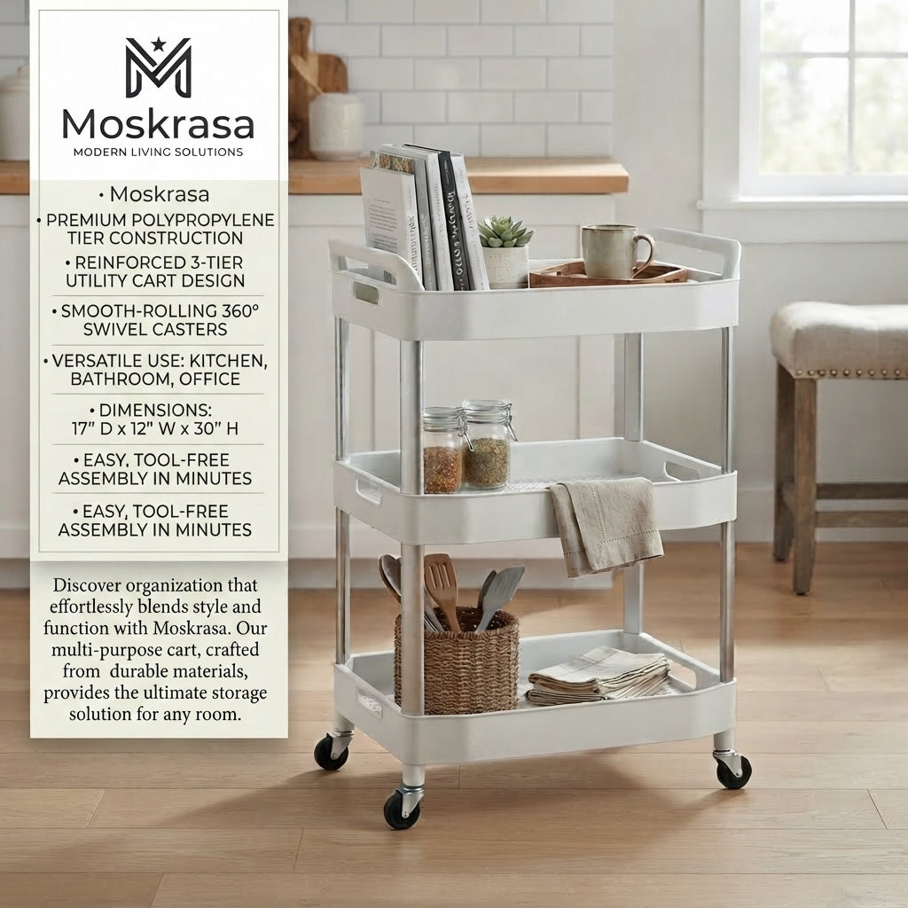 Moskrasa 3-Tier Rolling Storage Cart (17" D x 12" W x 30" H) – Durable Multipurpose Utility Trolley with Lockable Wheels,