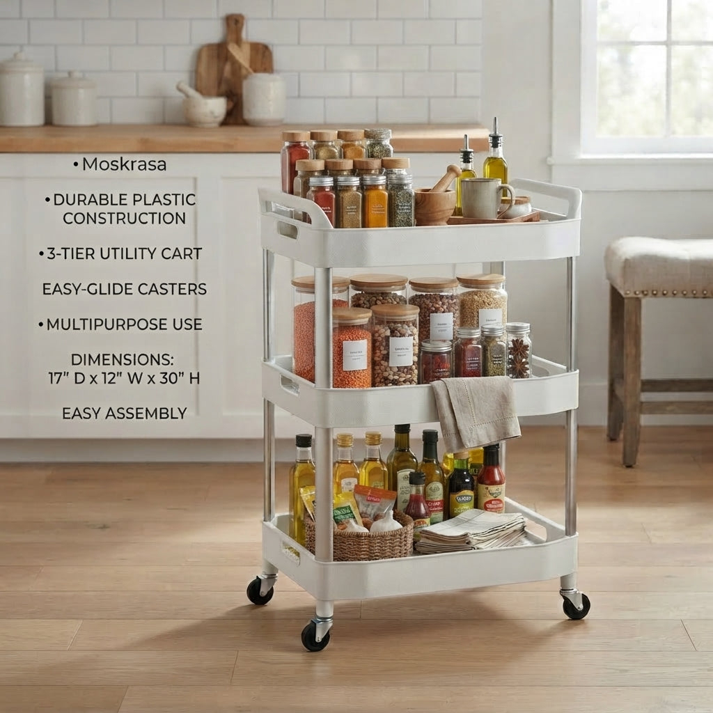 Moskrasa 3-Tier Rolling Storage Cart (17" D x 12" W x 30" H) – Durable Multipurpose Utility Trolley with Lockable Wheels,