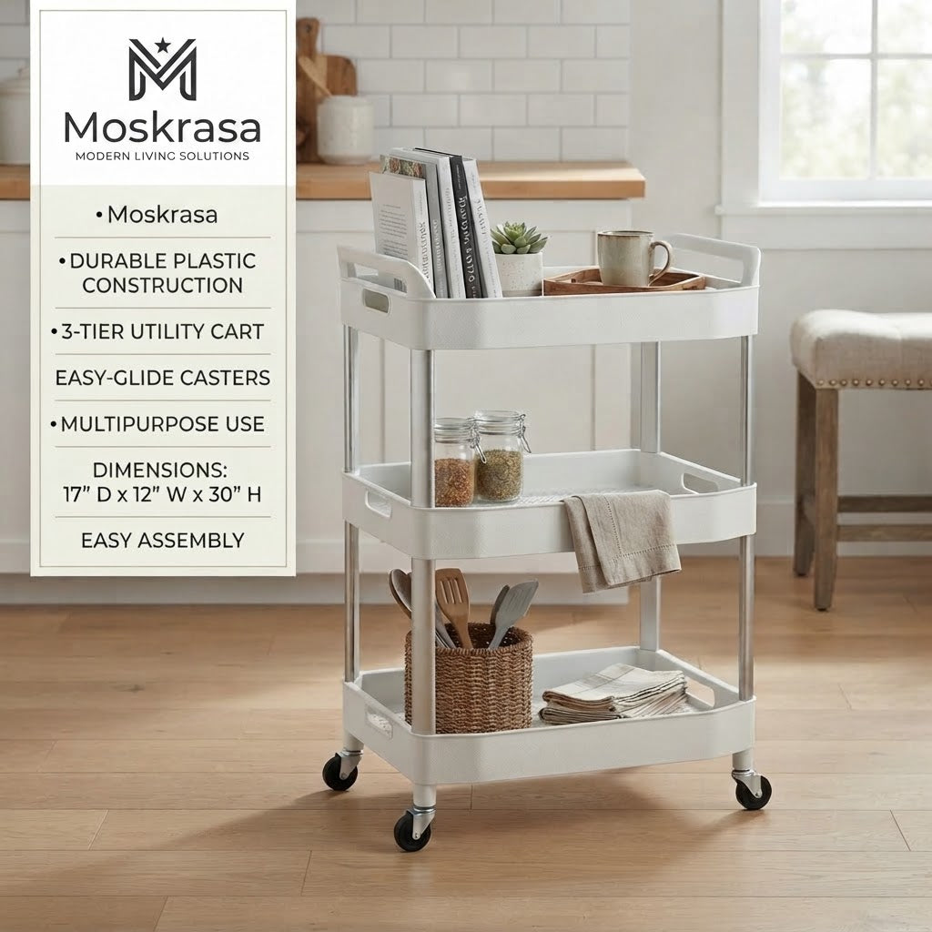 Moskrasa 3-Tier Rolling Storage Cart (17" D x 12" W x 30" H) – Durable Multipurpose Utility Trolley with Lockable Wheels,